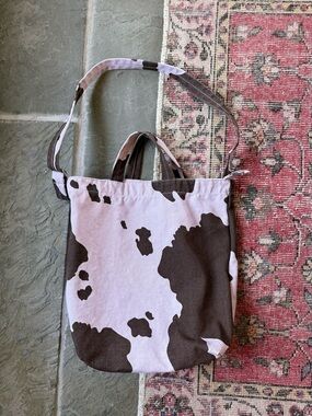 BAGGU Cow-Print Duck Canvas Tote in Lavender and Brown